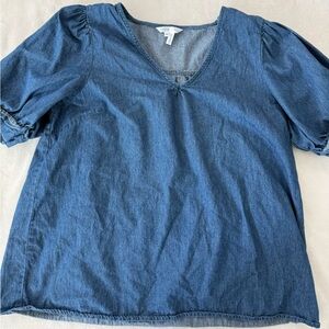 Draper James Women's V-Neck Puff Short Sleeve Top Size Medium Chambray E33